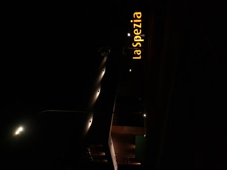 Bekasi, Indonesia - July 2022 : The logo of La Spezia that glows in the dark. La Speia is a restaurant area in Summarecon Bekasi which is located near the lakeのeditorial素材