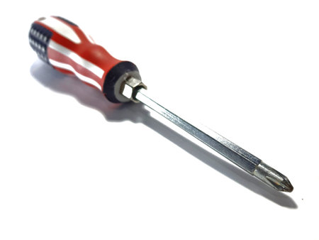 Isolated white photo of a steel screwdriver with a usa flag patterned handle.の写真素材