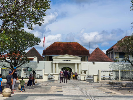 Yogyakarta, Indonesia in November 2022. The front entrance gate of the Fort Vredeburg Museum, you can see several visitors passing in front of it. Located in the Agung Building and the Yogyakarta Sultanate Palace.のeditorial素材