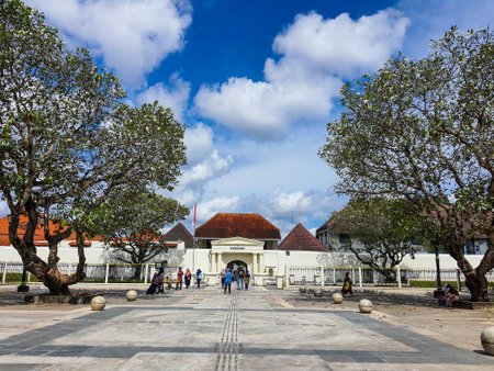 Yogyakarta, Indonesia in November 2022. The front entrance gate of the Fort Vredeburg Museum, you can see several visitors passing in front of it. Located in the Agung Building and the Yogyakarta Sultanate Palace.のeditorial素材