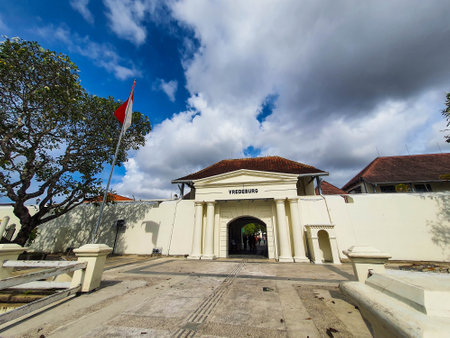 Yogyakarta, Indonesia in November 2022. The front entrance gate of the Fort Vredeburg Museum, you can see several visitors passing in front of it. Located in the Agung Building and the Yogyakarta Sultanate Palace.のeditorial素材