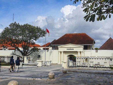 Yogyakarta, Indonesia in November 2022. The front entrance gate of the Fort Vredeburg Museum, you can see several visitors passing in front of it. Located in the Agung Building and the Yogyakarta Sultanate Palace.のeditorial素材