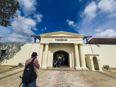 Yogyakarta, Indonesia in November 2022. The front entrance gate of the Fort Vredeburg Museum, you can see several visitors passing in front of it. Located in the Agung Building and the Yogyakarta Sultanate Palace.のeditorial素材