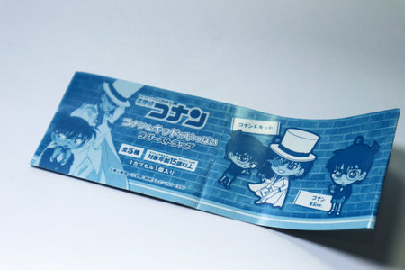 Tokyo, Japan in July 2019. A guide book contained in a 100 yen toy capsule containing a rubber key chain with a string with a picture of Detective Conan and Kaito Kid. Comic created by Aoyama Gosho.のeditorial素材