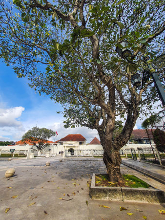 Yogyakarta, Indonesia in November 2022. The front entrance gate of the Fort Vredeburg Museum, you can see several visitors passing in front of it. Located in the Agung Building and the Yogyakarta Sultanate Palace.のeditorial素材