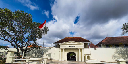 Yogyakarta, Indonesia in November 2022. The front entrance gate of the Fort Vredeburg Museum, you can see several visitors passing in front of it. Located in the Agung Building and the Yogyakarta Sultanate Palace.のeditorial素材