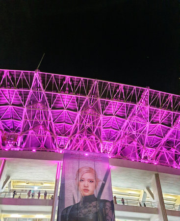 Jakarta, Indonesia on March 2023. The atmosphere of blackpink's concert in Jakarta, Born in Pink. The ambience of pink lights dominated, very crowded, exciting and fun.のeditorial素材