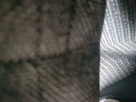 A vague abstract photograph of a fabric motif, with an ash base, black lines and blue spots.