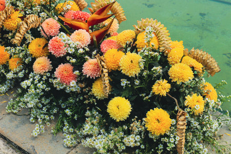 Marigold flower Tagetes erecta L., has a bright color dominated by one color, namely bright yellow. This flower is often collected as an ornamental plant and is widely used at weddings.の写真素材