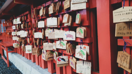 Kyoto, Japan in April 2019. Wish and prayer board or commonly called Ema. Ema are small wooden...
