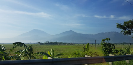 A view of green rice fields and gardens with blue sky and white clouds. You can see the silhouette of a mountain behind him. This view is the view when on the way to Yogyakarta.の写真素材