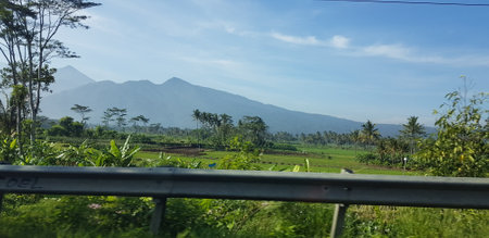 A view of green rice fields and gardens with blue sky and white clouds. You can see the silhouette of a mountain behind him. This view is the view when on the way to Yogyakarta.の写真素材