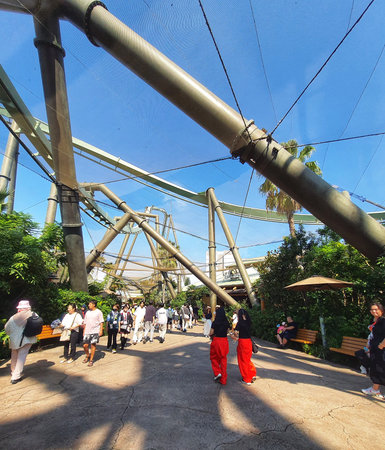 Osaka, Japan on September 30, 2023. Visitors to Universal Studios Japan are passing under the track...