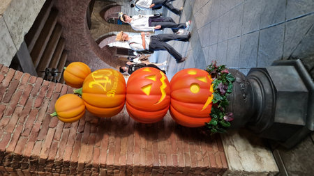 Chiba, Japan on October 5, 2023. Disneysea Japan theme park decoration with Halloween theme and Tokyo Disney Resort 40th Anniversary Dream Go Round. Halloween pumpkins and Halloween banners. Lots of Visitors.のeditorial素材
