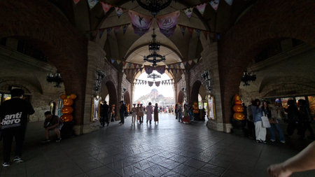 Chiba, Japan on October 5, 2023. Disneysea Japan theme park decoration with Halloween theme and Tokyo Disney Resort 40th Anniversary Dream Go Round. Halloween pumpkins and Halloween banners. Lots of Visitors.のeditorial素材