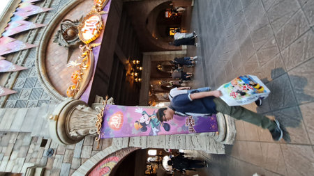 Chiba, Japan on October 5, 2023. Disneysea Japan theme park decoration with Halloween theme and Tokyo Disney Resort 40th Anniversary Dream Go Round. Halloween pumpkins and Halloween banners. Lots of Visitors.のeditorial素材
