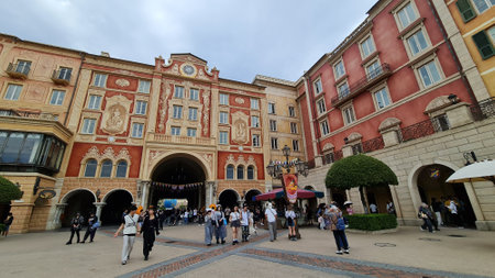 Chiba, Japan on October 5, 2023. Disneysea Japan theme park decoration with Halloween theme and Tokyo Disney Resort 40th Anniversary Dream Go Round. Halloween pumpkins and Halloween banners. Lots of Visitors.のeditorial素材