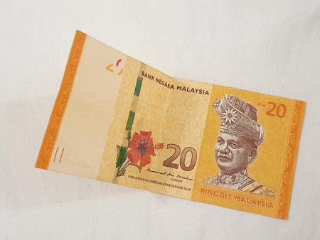 Isolated white photo of the 20 Malaysian Ringgit (RM) bank note.