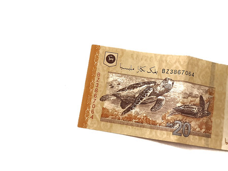 Isolated white photo of the 20 Malaysian Ringgit (RM) bank note.