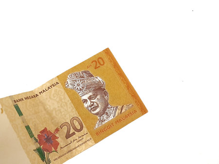 Isolated white photo of the 20 Malaysian Ringgit (RM) bank note.