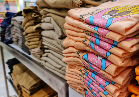 A pile of children's clothes in a clothing store. Discount cotton clothing. Various colors include...