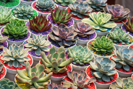 A captivating array of echeveria succulents in small pots, bursting with diverse colors and textures.  The scene is bright and cheerful, full of life.の写真素材