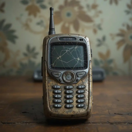 A weathered vintage cell phone with a cracked screen sits on a wooden surface Perfect for nostalgic tech or grunge themed projects.の素材