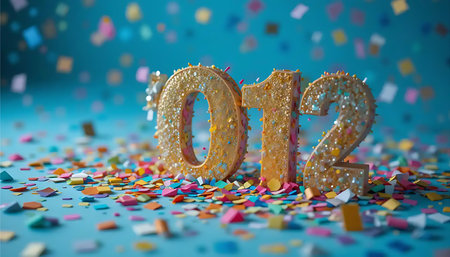 Sparkling gold 012 numbers on a colorful confetti backdrop perfect for celebratory New Year designs and digital art projects.の素材
