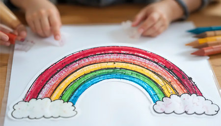 A vibrant rainbow crayon drawing by a child evokes joy and creativity Perfect for kids art projects and educational resources.の素材