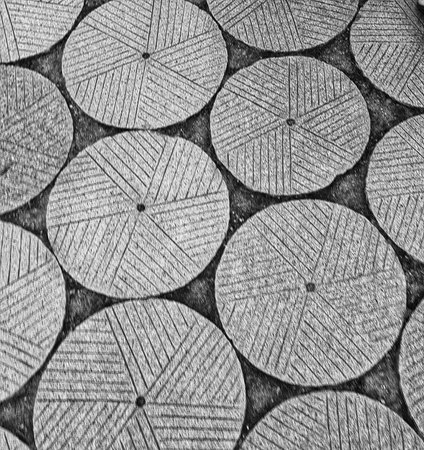 A captivating monochrome image showcases a pavement of intricately carved stone circles.  The radiating lines create a mesmerizing geometric pattern, evoking a sense of calm and order.の写真素材
