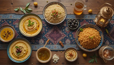 A captivating spread of hummus, couscous, and olives graces a richly patterned table runner, evoking warmth and a sense of traditional Middle Eastern hospitality.の素材
