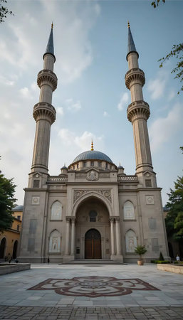 A majestic mosque stands tall, its twin minarets reaching for a tranquil sky.  Intricate stonework and a serene atmosphere create a breathtaking scene.の素材