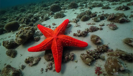 A striking red starfish rests on a sandy ocean floor, surrounded by rocks and coral.  The scene is calm and peaceful, bathed in soft underwater light.の素材