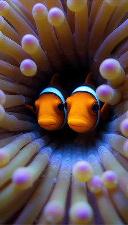 Two adorable clownfish peek from a luminous anemone, their orange bodies contrasting beautifully against the soft, pastel tentacles. A peaceful, underwater scene.の素材