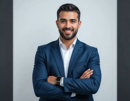A smiling man in a sharp blue suit stands confidently with arms crossed, exuding professionalism and approachability.  The image is clean, bright, and conveys success.の素材