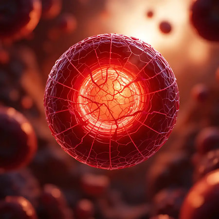 A glowing red cell-like structure with cracks is illuminated, set against a blurred background Perfect for illustrating medical research or.の素材