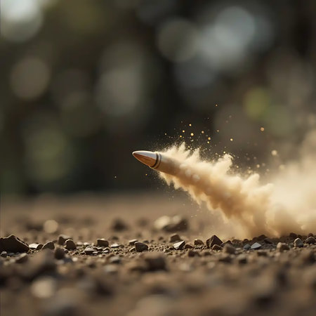 A bullet flies leaving a dust trail in this close-up outdoor shot, making it ideal for illustrating force or power.の素材