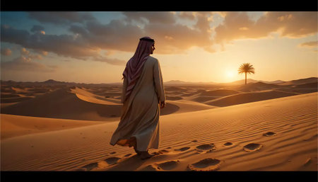 An arabian man walks through sand dunes leaving footprints towards a sunset and palm tree silhouette making it ideal for travel or cultural images.の素材