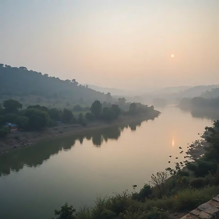 Peaceful river scene at sunrise featuring misty hills and reflecting water Ideal for nature tourism and landscape photography projects.の素材