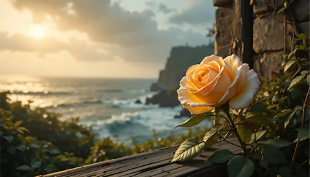 Elegant cream rose blooms with a serene ocean view and golden sunset backdrop, creating a tranquil scene ideal for peaceful backgrounds and romantic.の素材