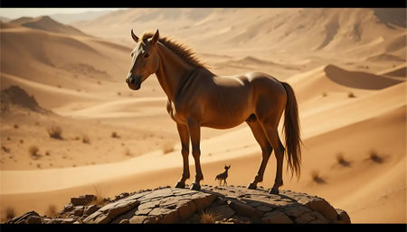 A majestic horse stands proudly on a rock formation overlooking a vast desert landscape with a small animal nearby, ideal for adventure and nature.の素材