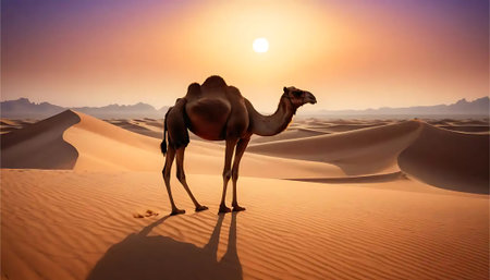 A camel stands peacefully on sand dunes as the sun sets creating a warm desert scene great for travel or wildlife photography.の素材