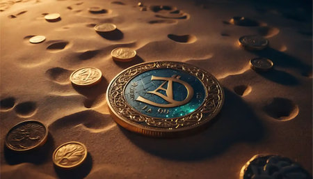 Several gold coins lie scattered on sandy terrain with a decorative token prominent in the foreground, usable for finance and fantasy concepts.の素材
