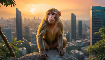 Monkey sits calmly on a rock perch overseeing the urban landscape during sunset, creating a striking contrast perfect for wildlife and travel themes.の素材