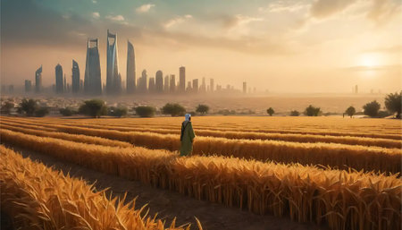 Person walks peacefully through golden wheat field with modern city skyline background during sunset, creating a tranquil and unique scenery Perfect.の素材