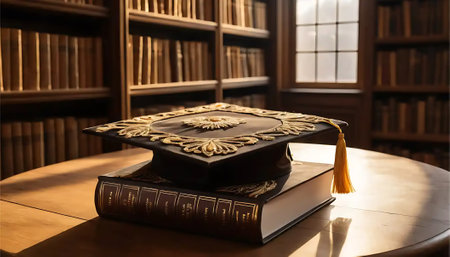 Graduation cap rests elegantly on a book in a classic library setting, symbolizing learning and academic achievement Perfect for education and.の素材
