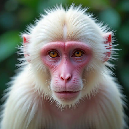 Close-up of a cute white Japanese macaque with pink face and intense gaze Perfect for nature and animal lovers.の素材