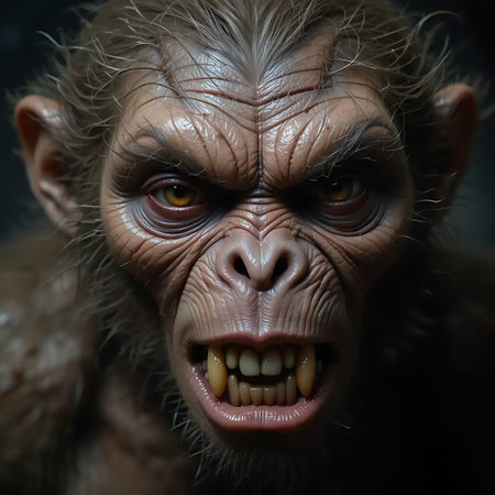 A fierce chimpanzee bares its teeth in this intense 3D rendered close-up Perfect for horror, fantasy, or primate-themed projects.の素材