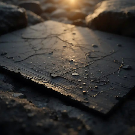 A close-up reveals a dark stone slab with cracks and water droplets bathed in warm sunset light Perfect for backgrounds and textures.の素材