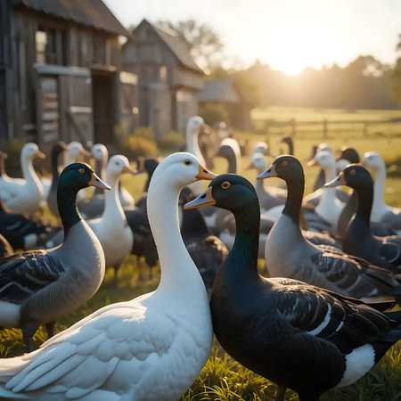 Ducks gather peacefully on a farm with sunlight filtering through wooden buildings, creating a warm and inviting scene ideal for animal and nature.の素材
